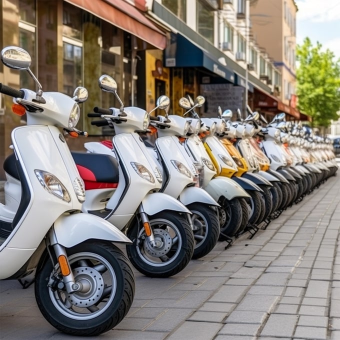 Mopeds lined up on city infrastructure